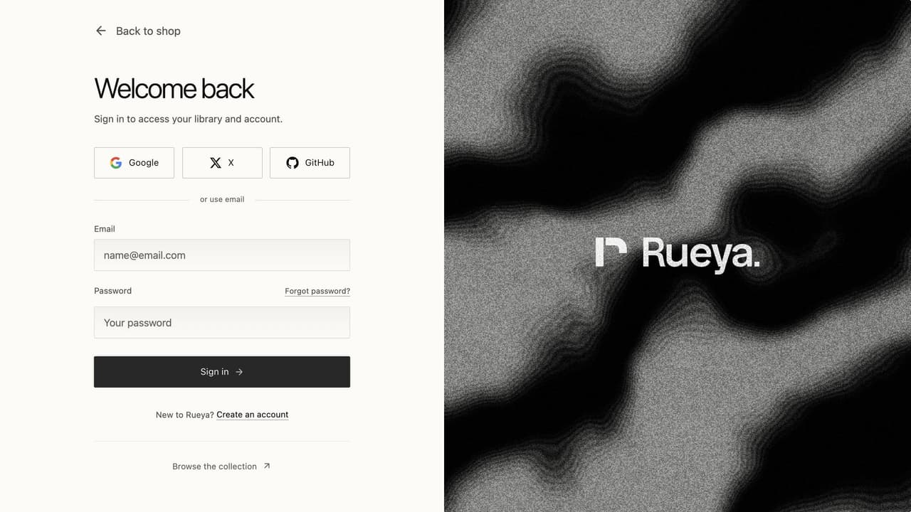 Rueya sign-in screen: Google, X and GitHub buttons and an email form beside the wordmark on grain
