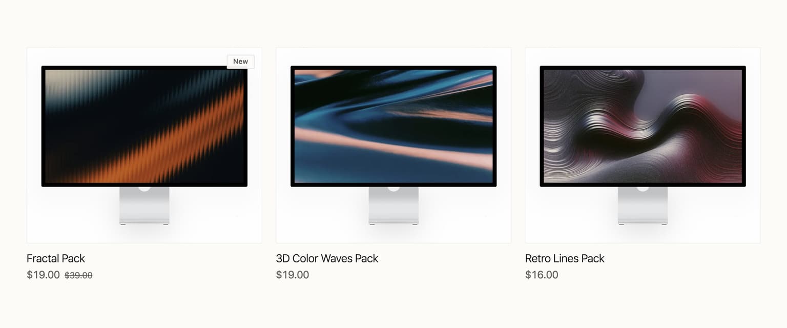 Rueya Supply collection: Fractal, 3D Color Waves and Retro Lines packs, each on a display with its price