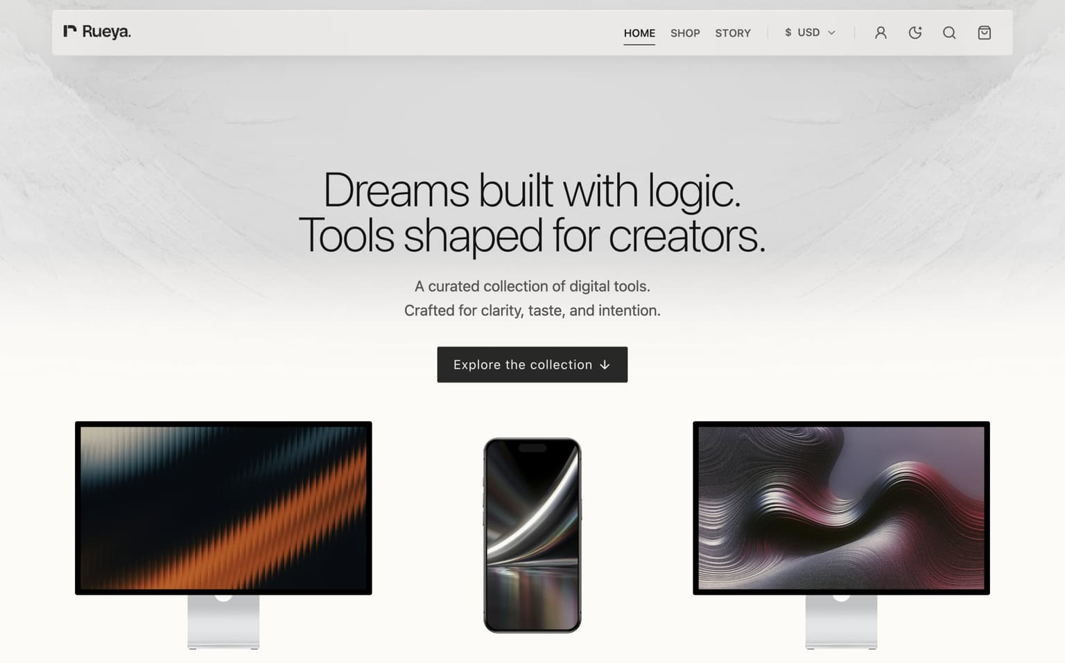 Rueya Supply home: “Dreams built with logic. Tools shaped for creators.” above wallpapers shown on two displays and a phone