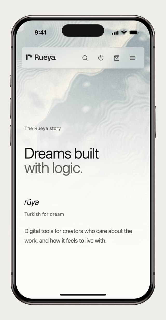 The Rueya story on a phone: “Dreams built with logic.”, with rüya, Turkish for dream