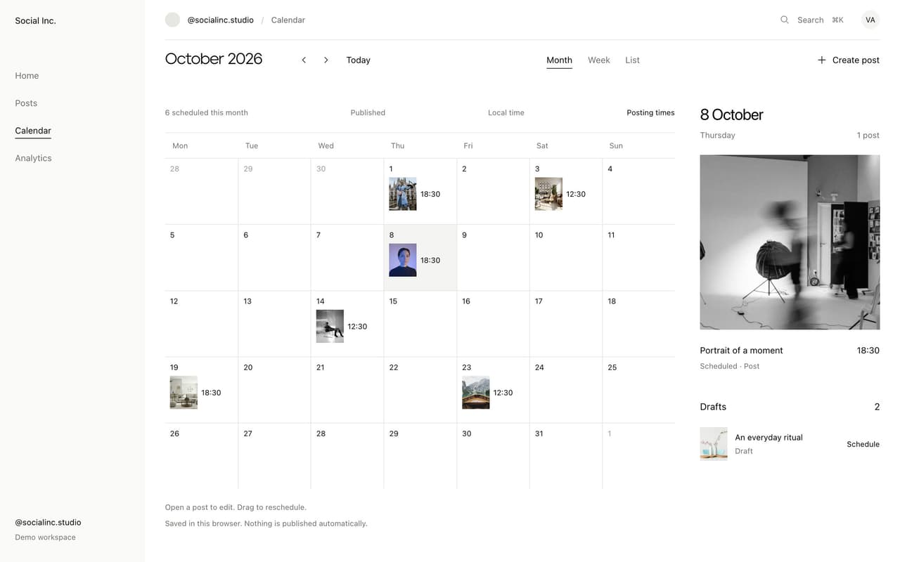 Social Inc. month calendar: scheduled posts as thumbnails on their days, the selected day open beside the grid