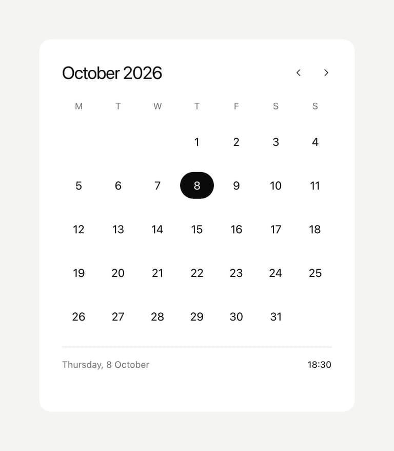 Social Inc. date picker: October 2026 with the 8th selected and 18:30 below