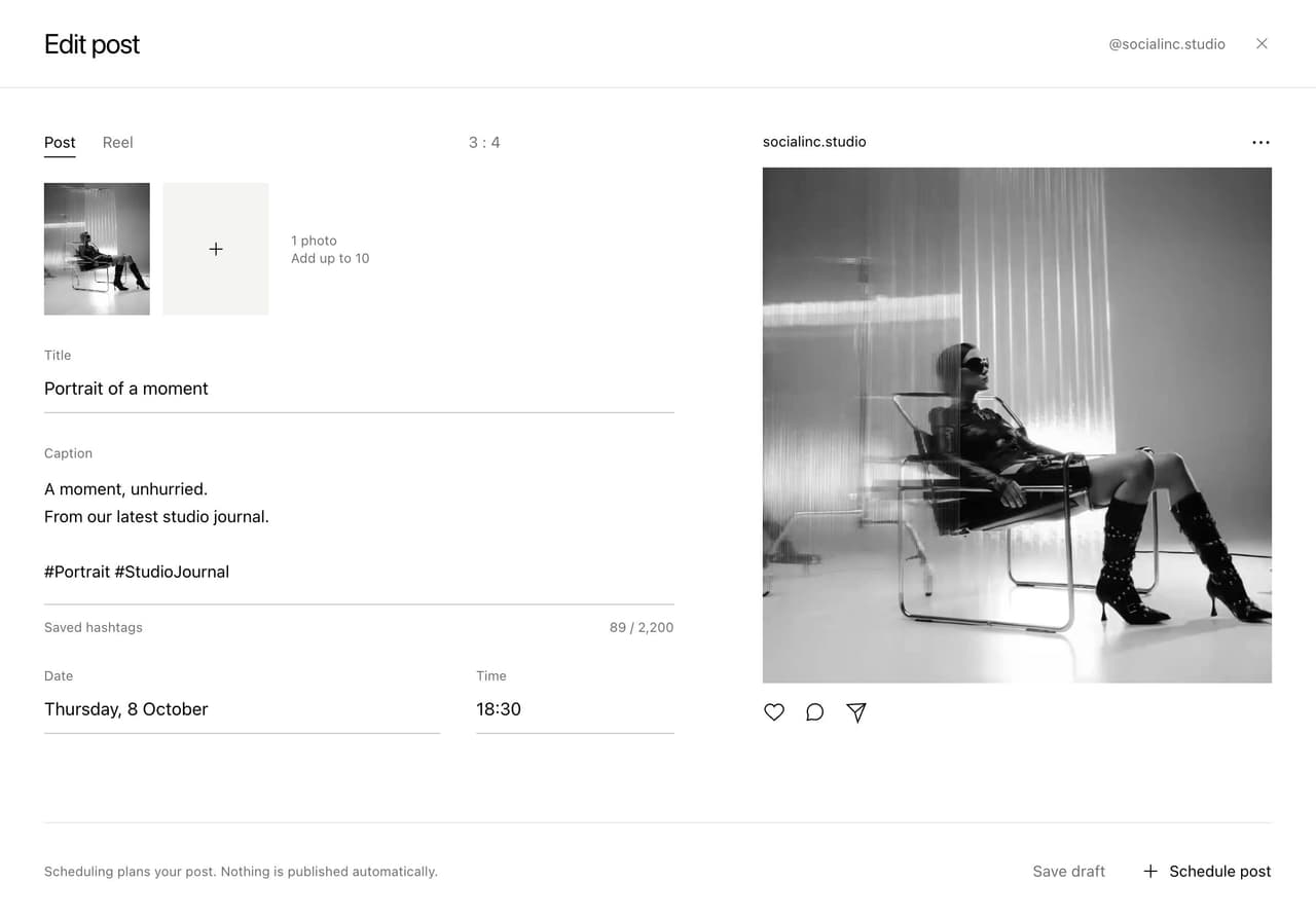 Social Inc. post editor: title, caption, date and time on the left, the post previewed as it will appear on the right
