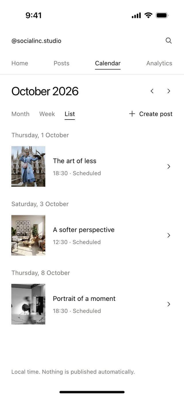 Social Inc. calendar on a phone: three scheduled posts listed by day with their times