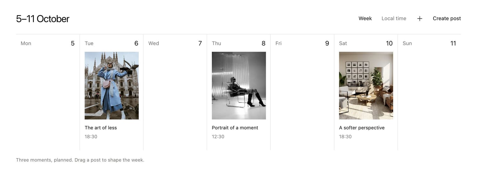 Social Inc. week view: three posts placed on Tuesday, Thursday and Saturday