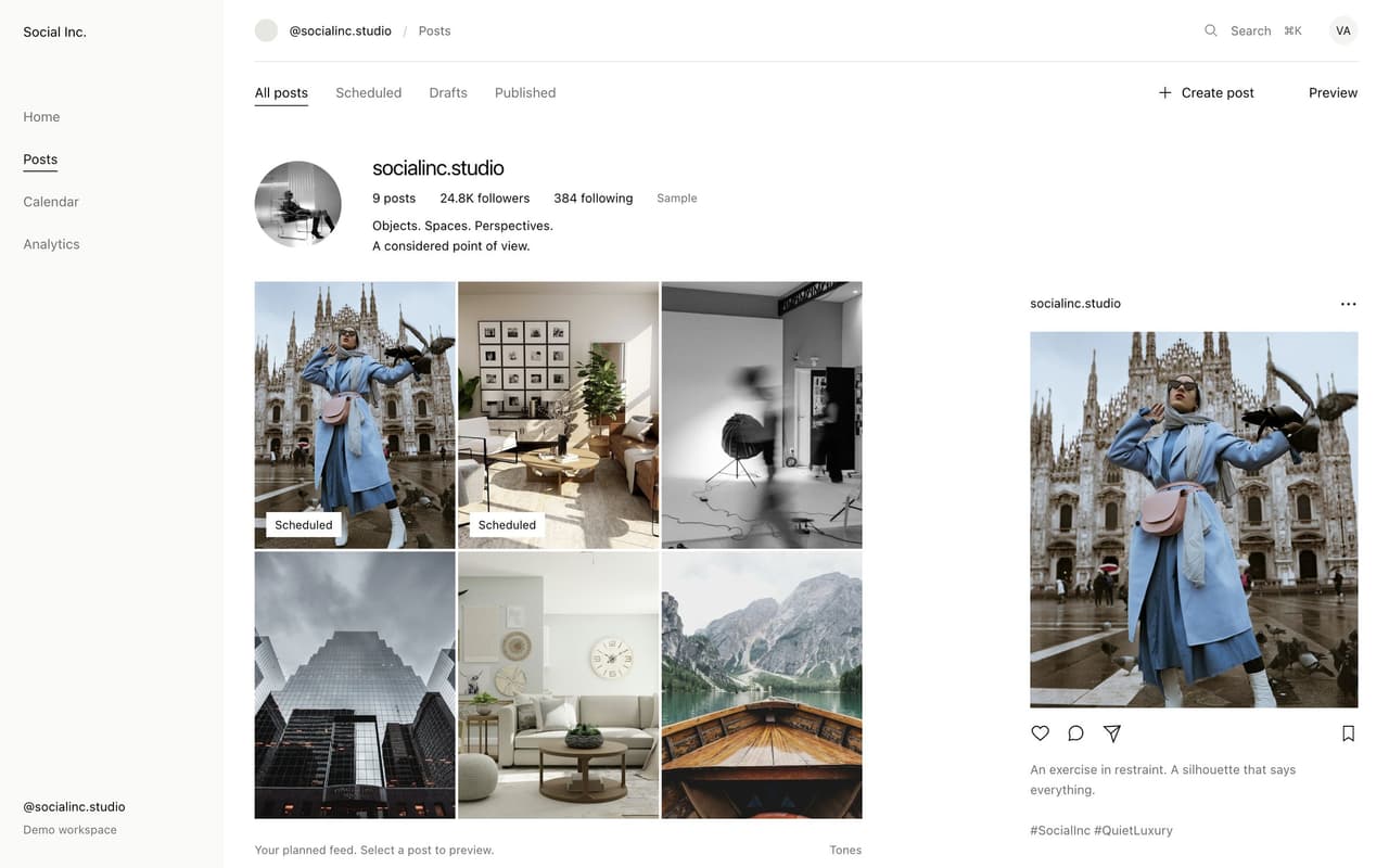 Social Inc. posts view: the planned profile grid with scheduled badges beside a single post preview