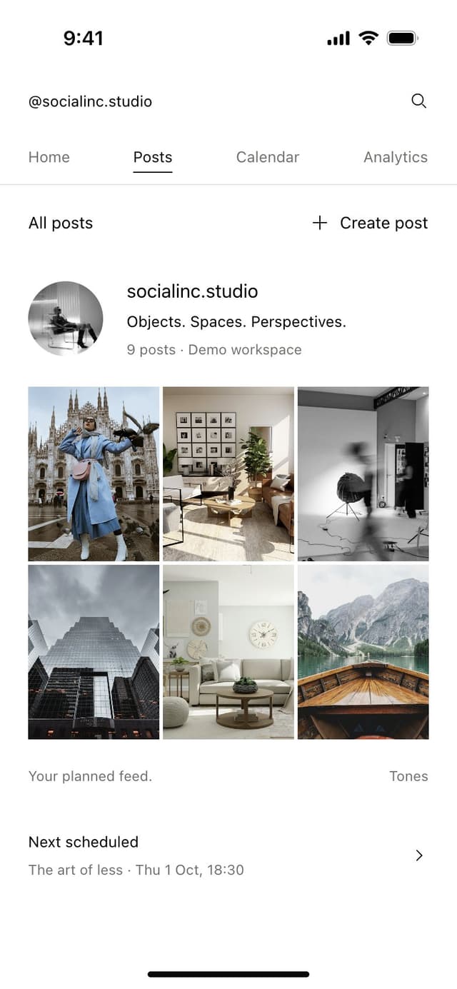 Social Inc. feed on a phone: the profile header, a six-post grid and the next scheduled post
