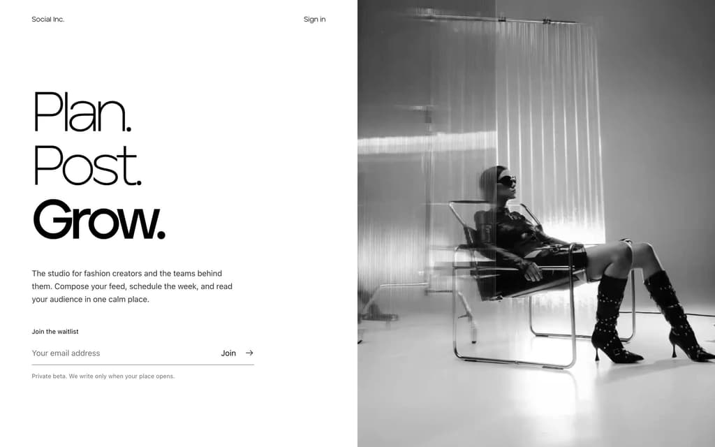 Social Inc. waitlist page: “Plan. Post. Grow.” and an email field beside a black-and-white studio photo