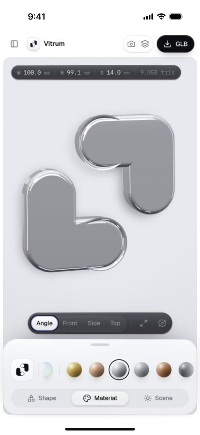 Vitrum on a phone: the mark in polished chrome above a row of finish swatches