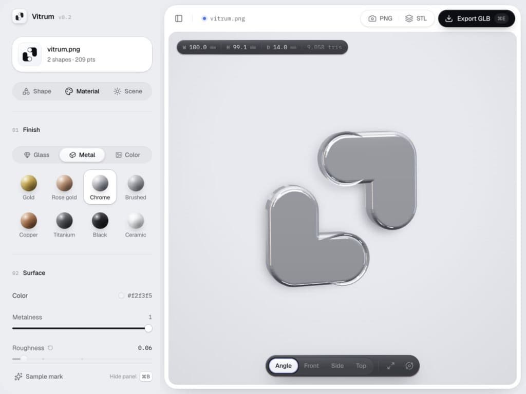 Vitrum editor: shape, material and scene panels beside a chrome 3D mark, with PNG, STL and GLB export