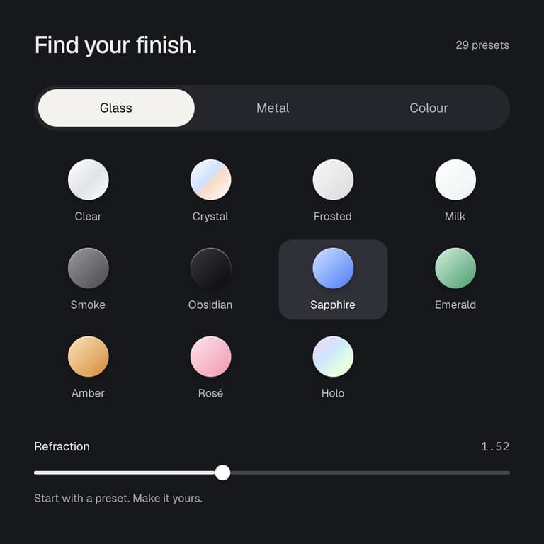 Vitrum finish library: glass presets from Clear to Holo, with a refraction slider