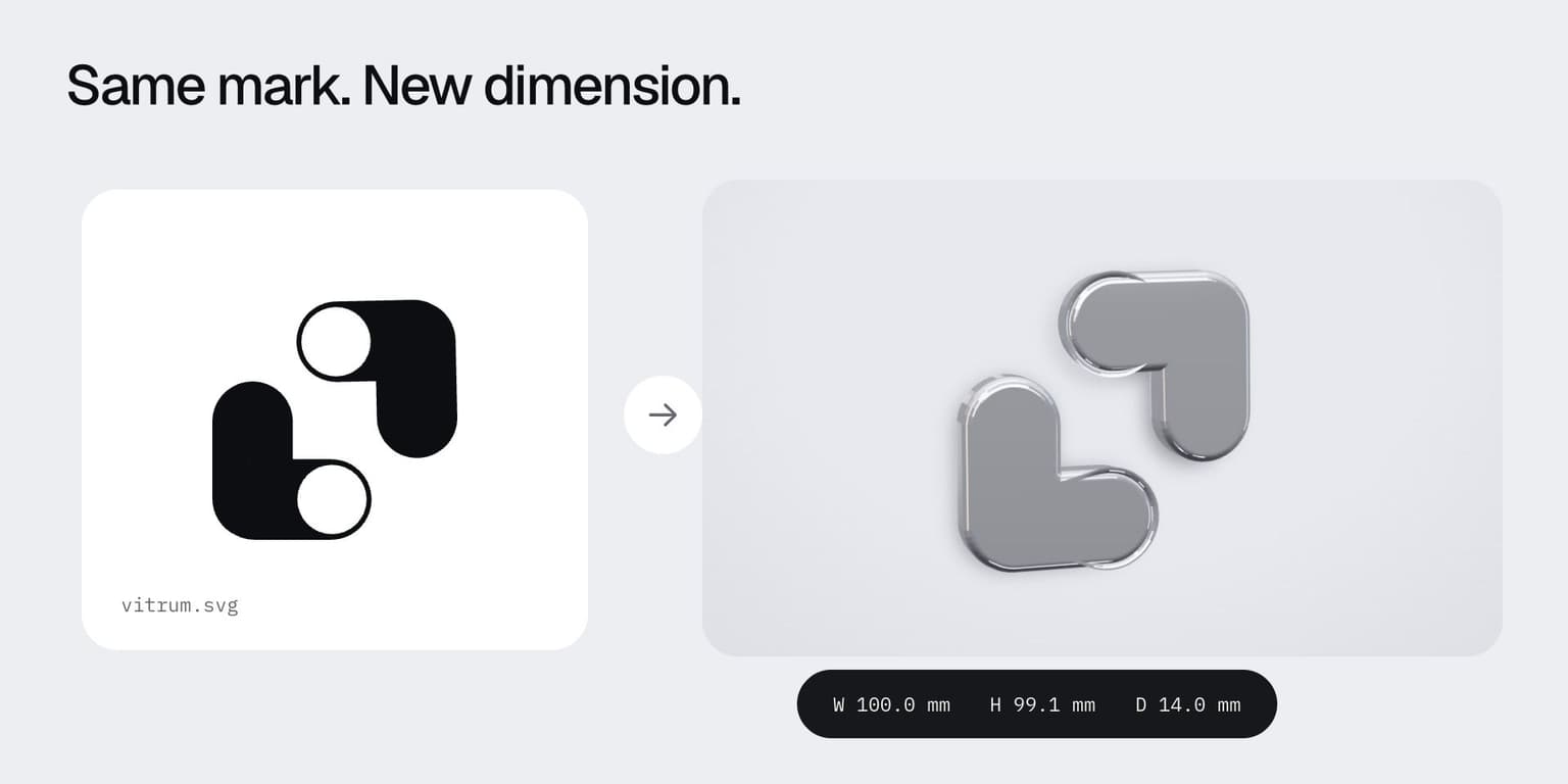 An SVG mark beside the same mark extruded in chrome, 100 by 99.1 by 14 millimetres